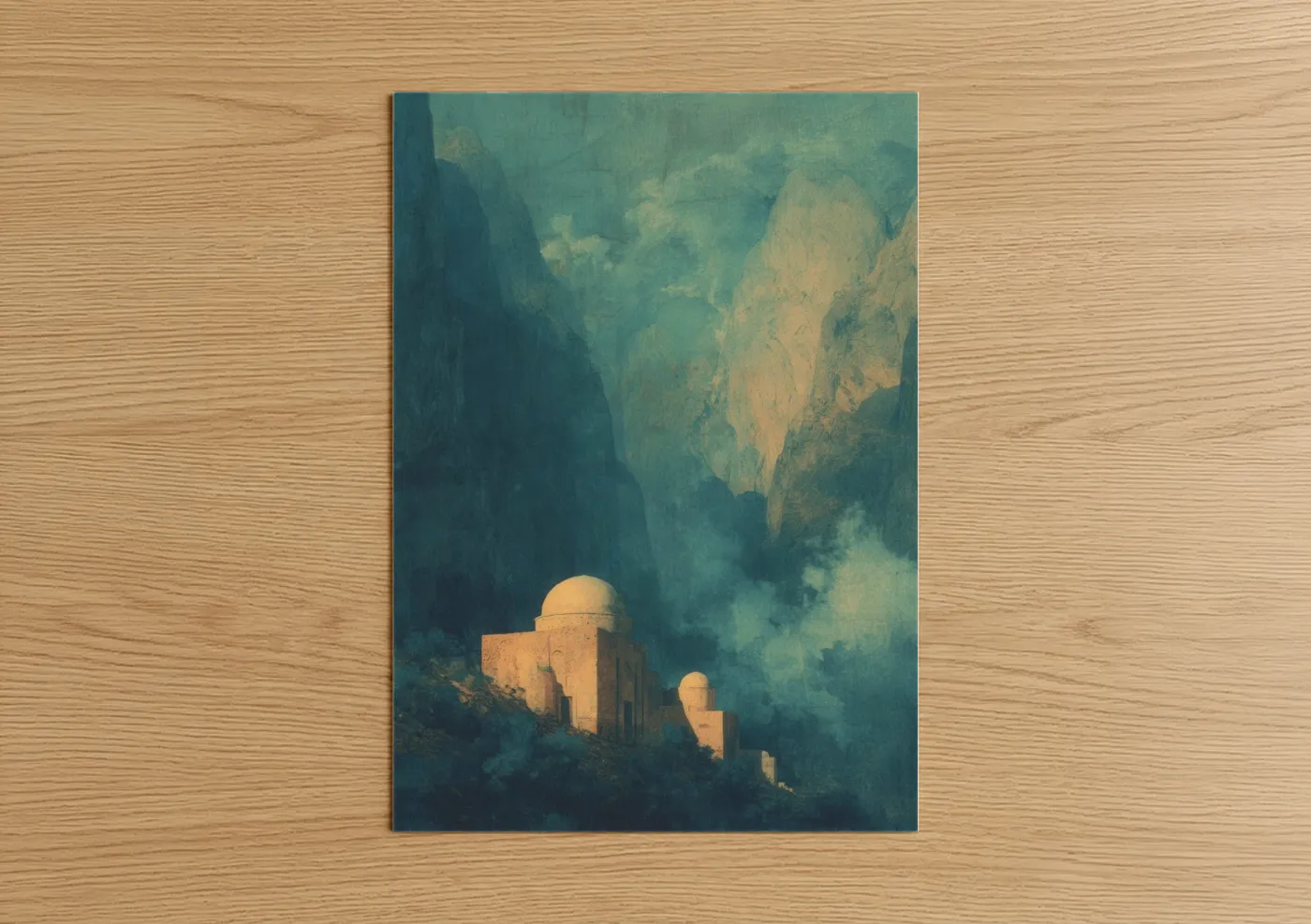 Art print on warm oak wood — teal and gold palette — Misty Mosque poster