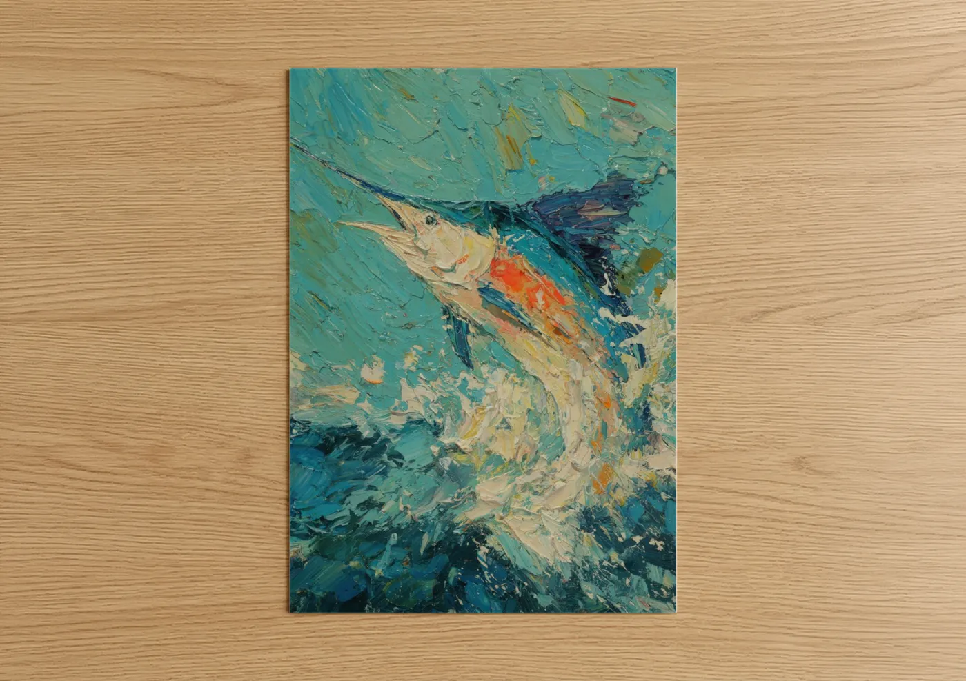 Art print on warm oak wood — turquoise and teal palette — Dynamic Sailfish poster