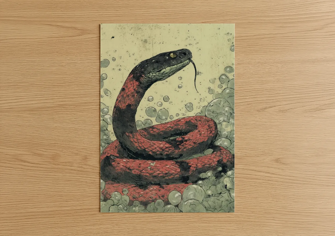 Art print on warm oak wood — red and black palette — Coiled Rattlesnake poster