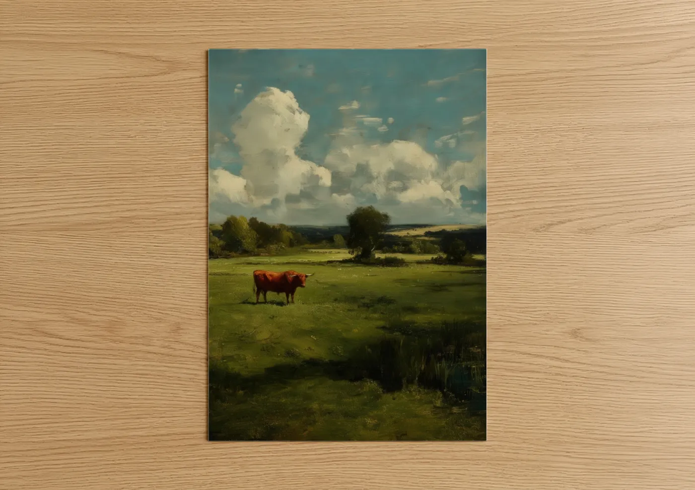 Art print on warm oak wood — green and blue palette — Pastoral Red Bull poster