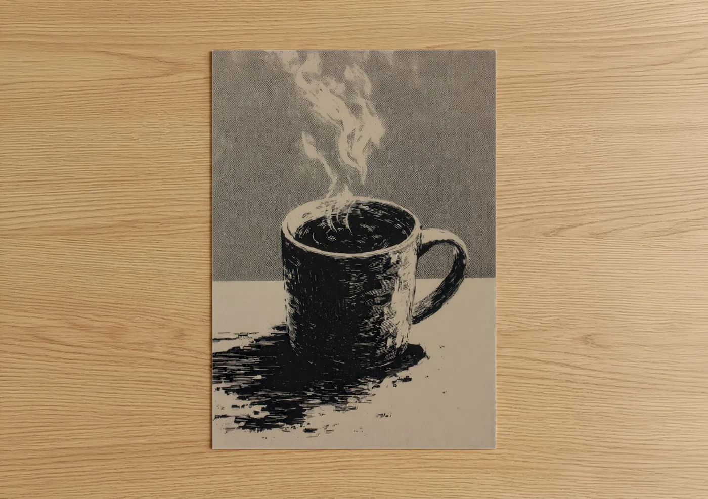 Art print on warm oak wood — black and white and beige palette — Steaming Coffee Mug poster