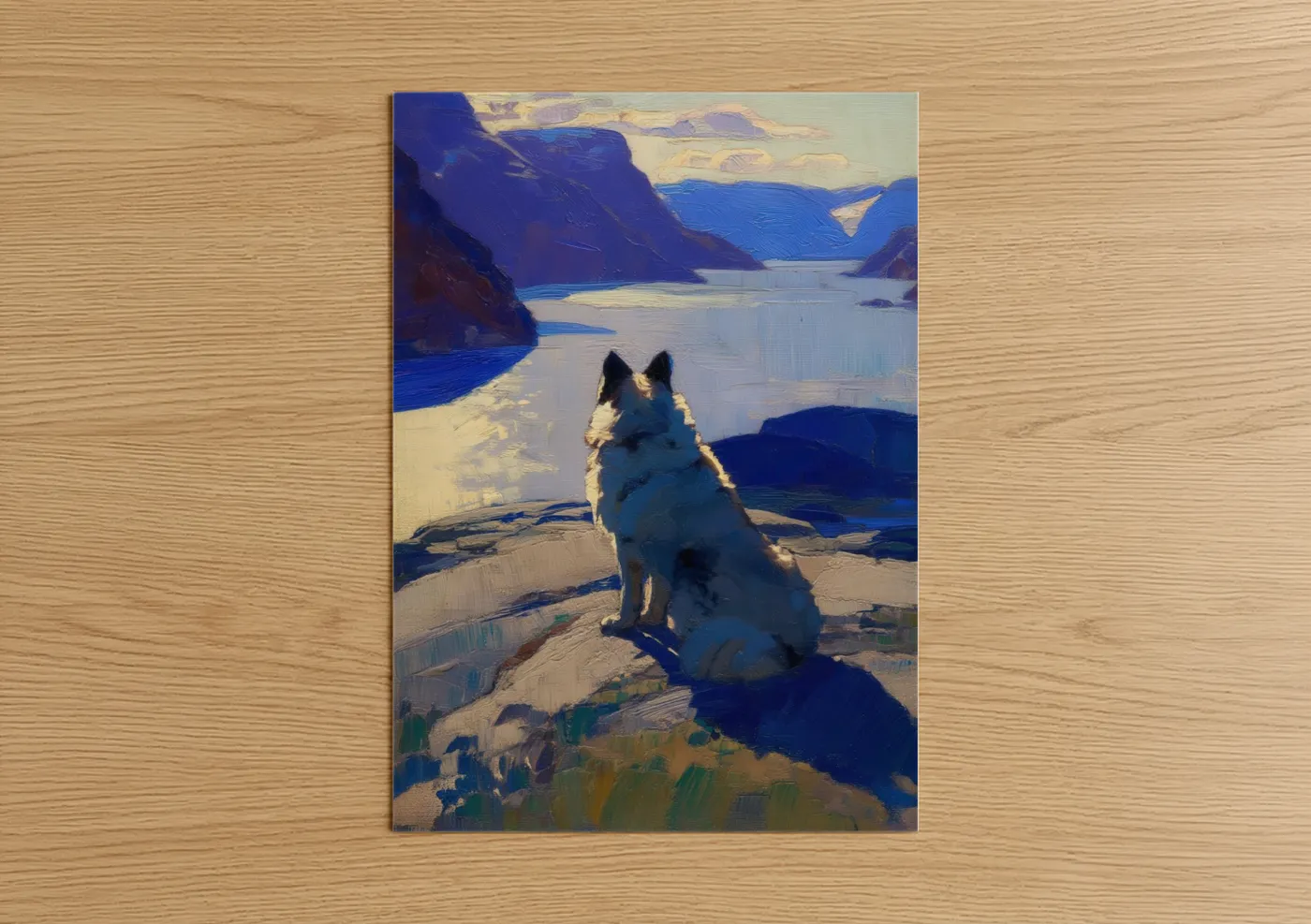 Art print on warm oak wood — blue and gold palette — Alpine Spitz poster