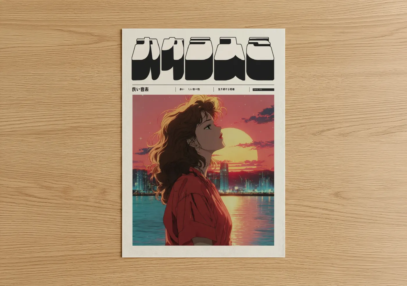 Anime and manga art print on warm oak wood — red and gold palette — Sunset Reverie poster