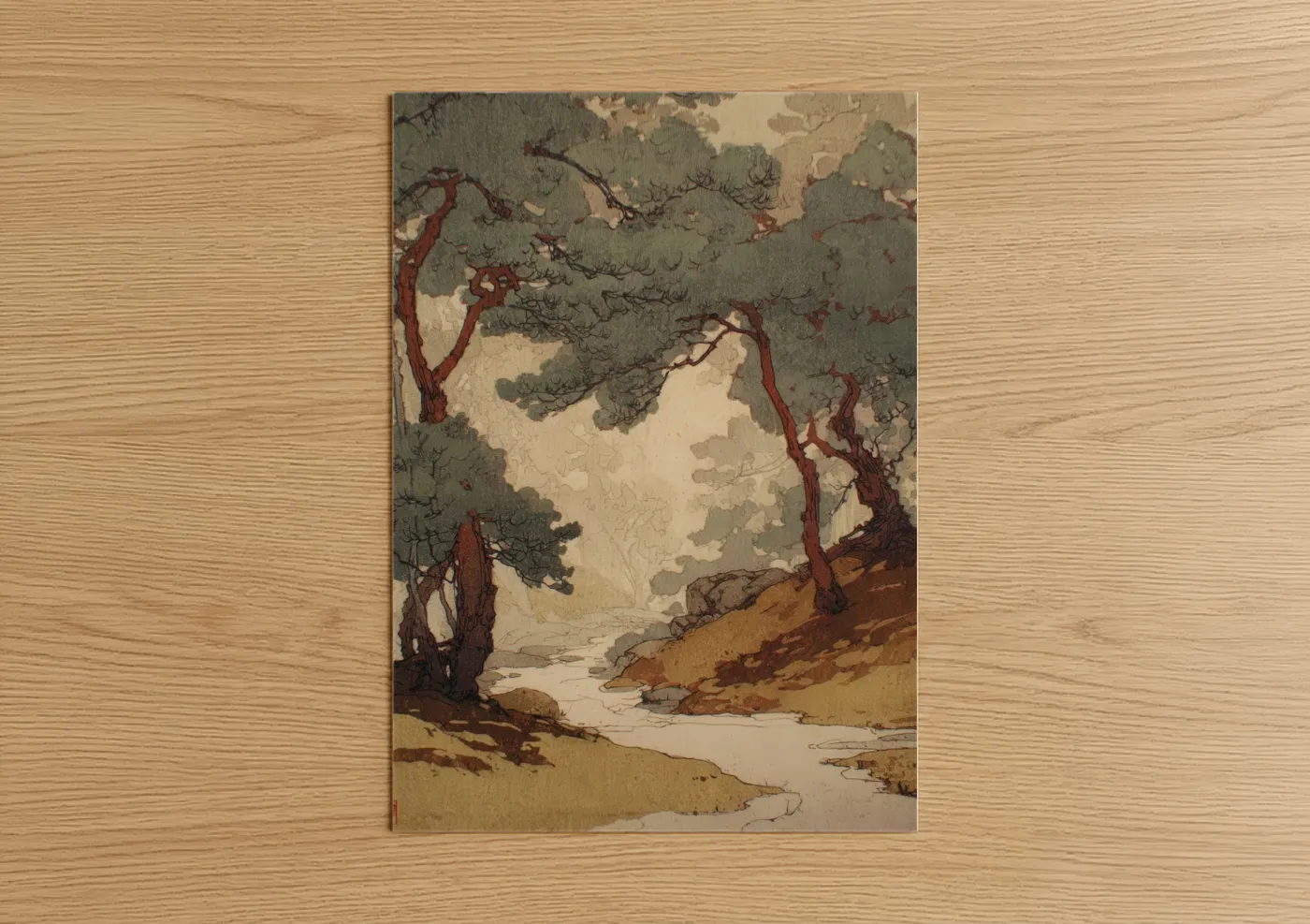 Juniper tree art print on warm oak wood — sage green and russet palette — Riverside Juniper poster