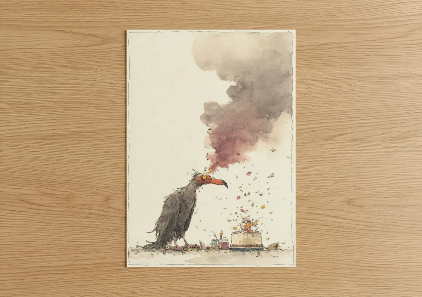 Art print on warm oak wood — cream and dove gray palette — Smoke Phoenix poster