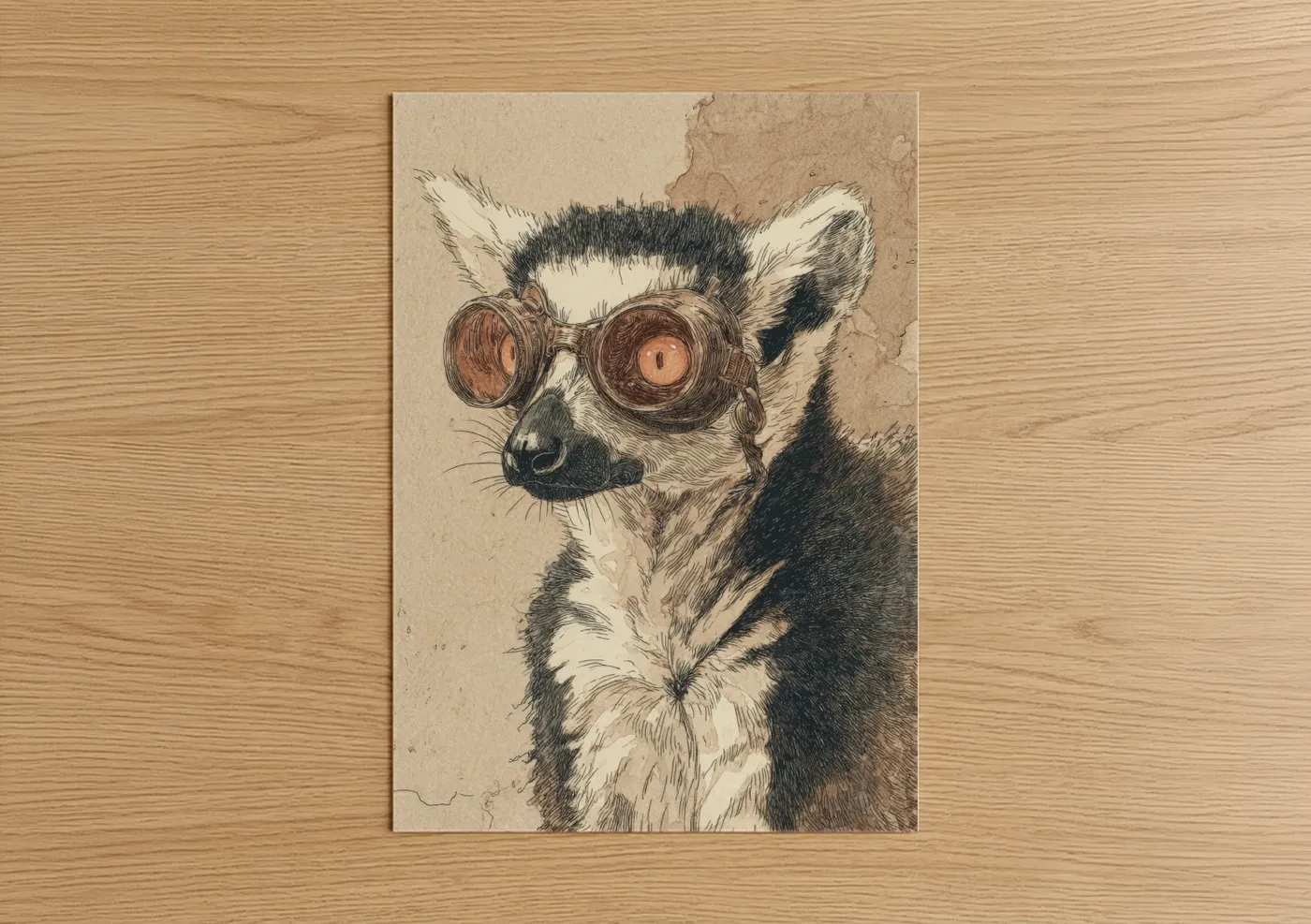 Steampunk Lemur with Goggles Illustration Wall Art