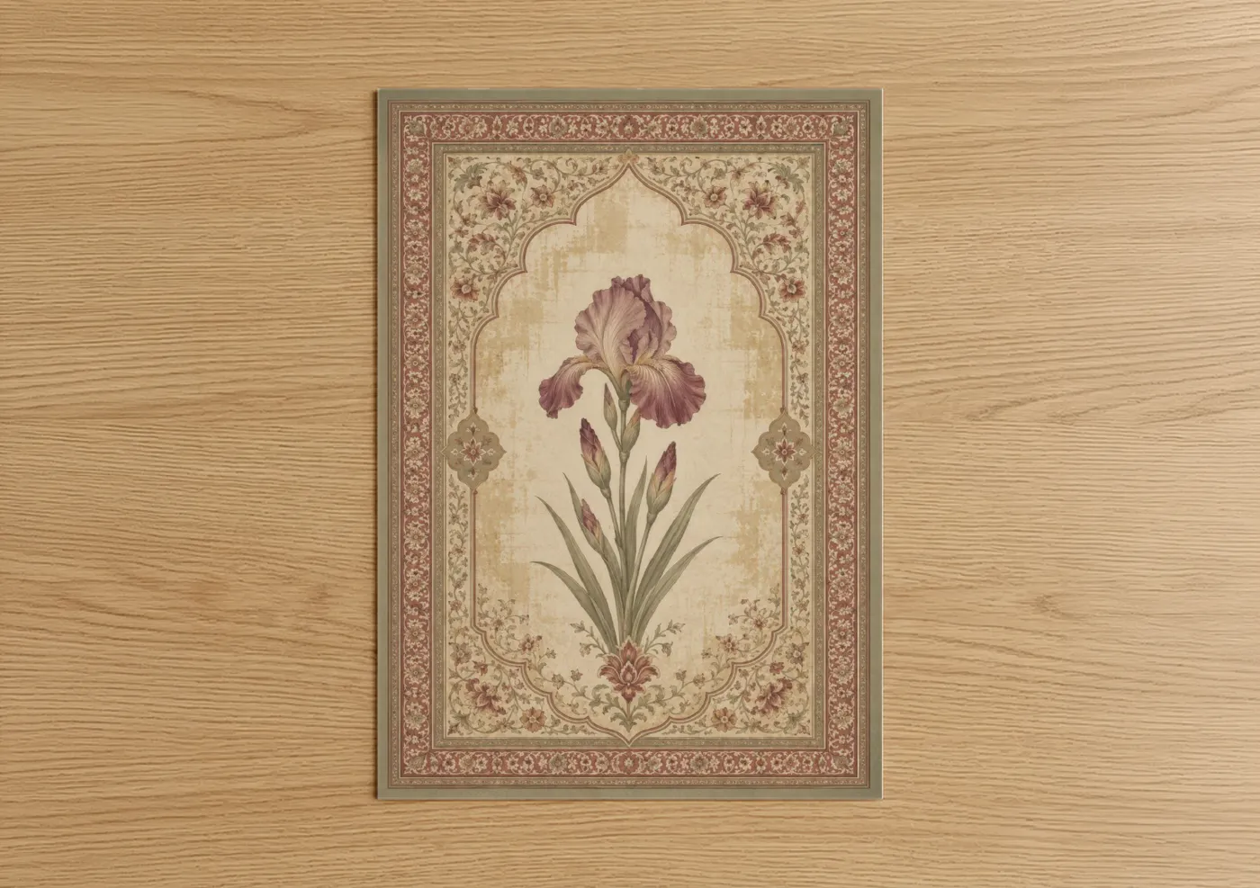 Art print on warm oak wood — beige and maroon palette — Persian Iris Floral Arch Wall Art poster