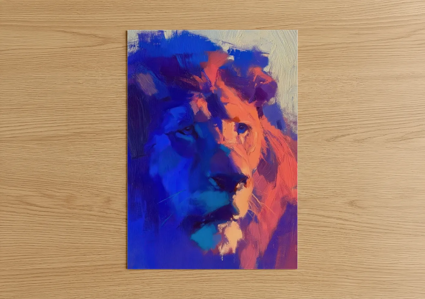 Art print on warm oak wood — blue and orange palette — Neon Lion Portrait poster