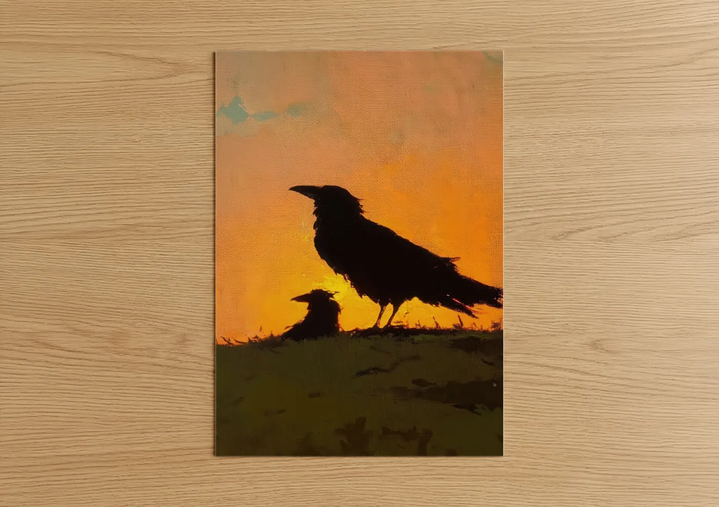 Ravens Silhouette Sunset Painting Wall Art