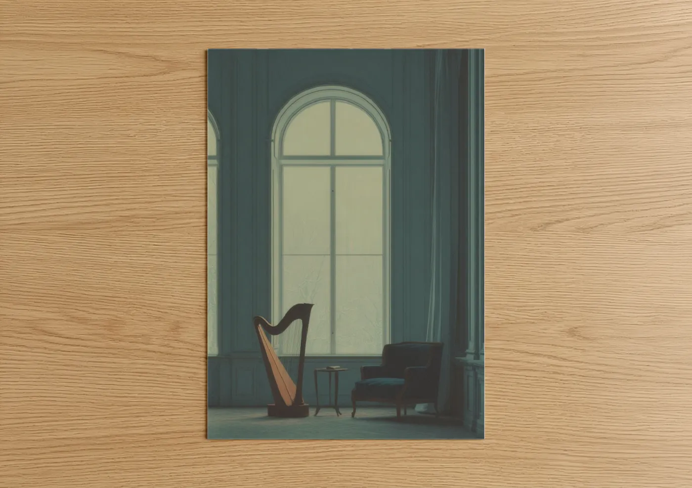 Art print on warm oak wood — sage green and dove gray palette — Sunlit Harp poster