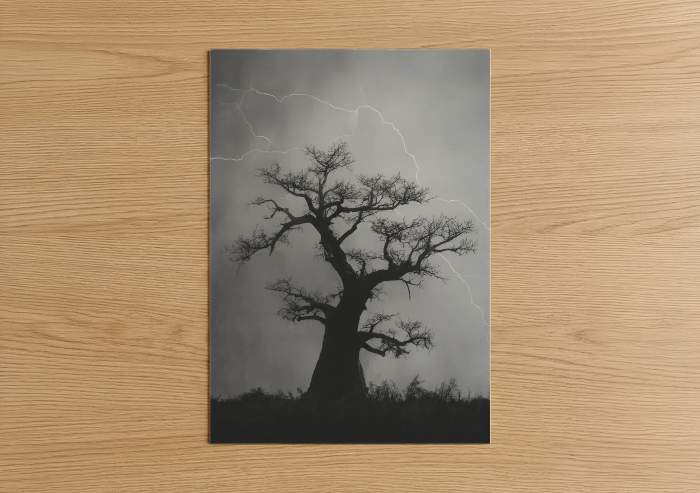 Baobab Tree Lightning Storm Black Wall Art