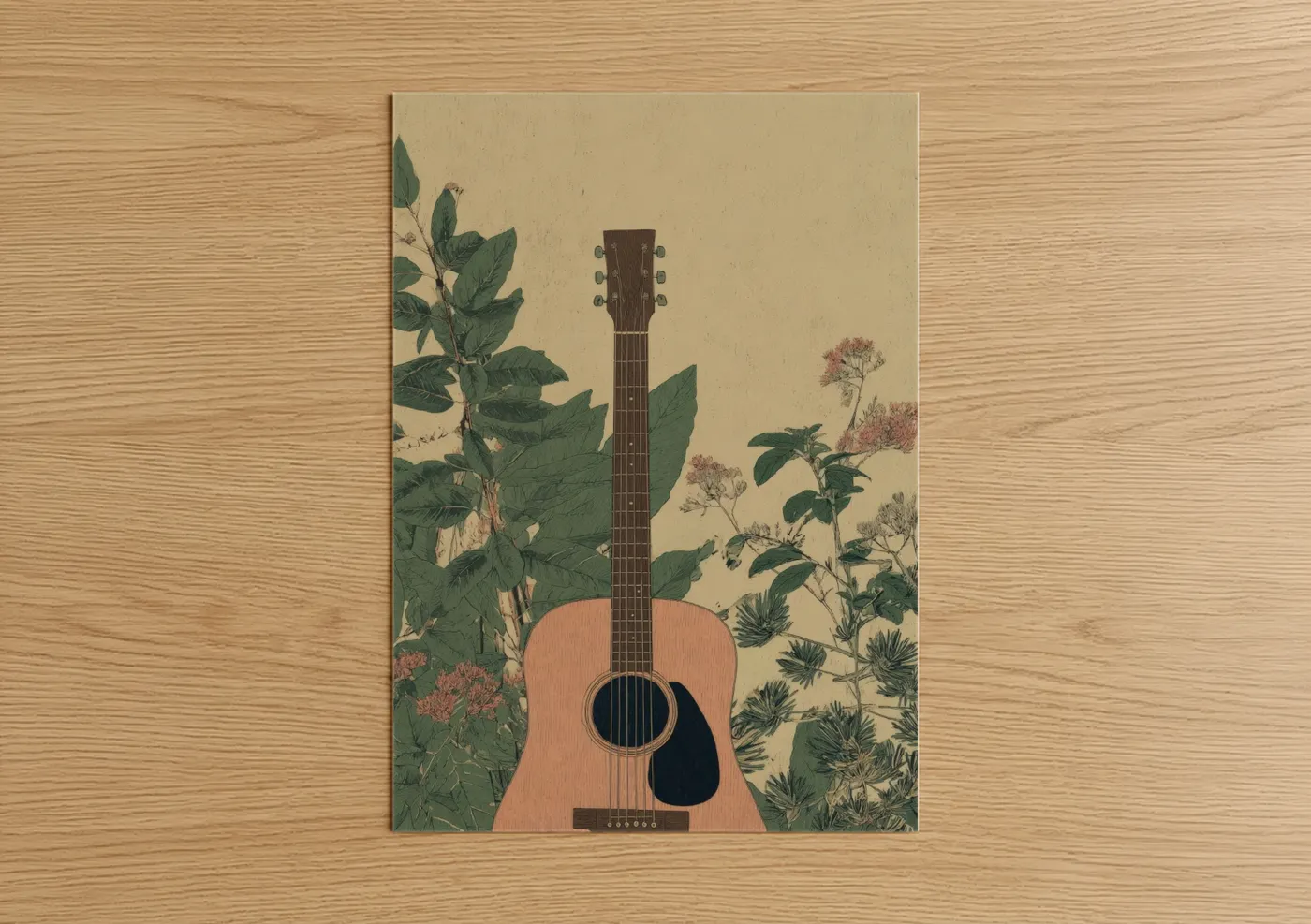 Acoustic guitar art print on warm oak wood — cream and sage green palette — Botanical Guitar poster