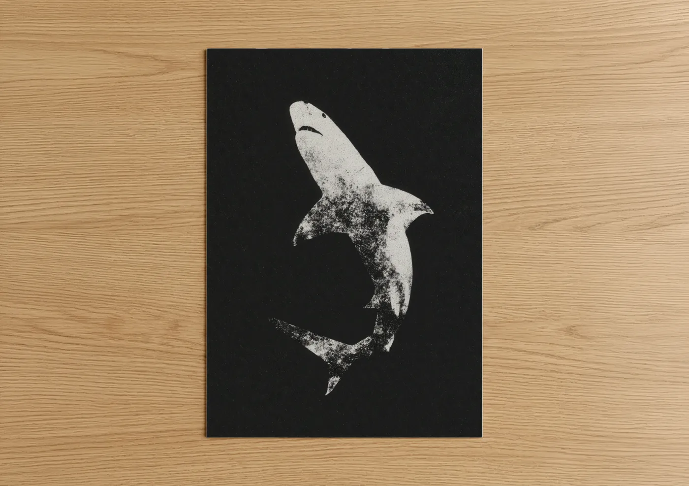 Art print on warm oak wood — black and white palette — Diving Bull Shark poster