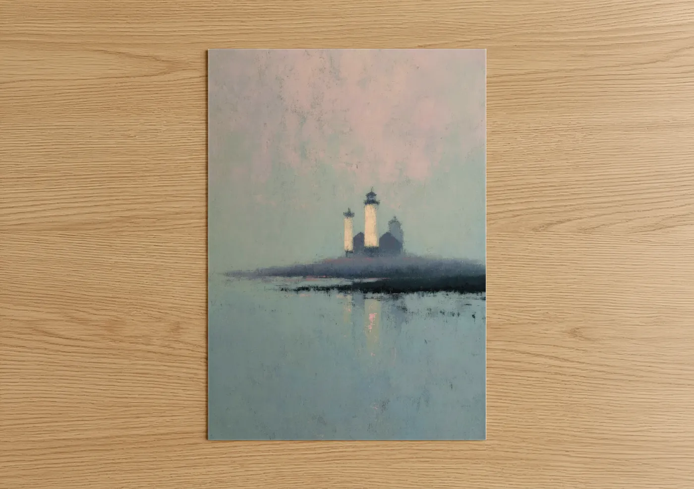 Art print on warm oak wood — sage green and cream palette — Misty Lighthouse poster