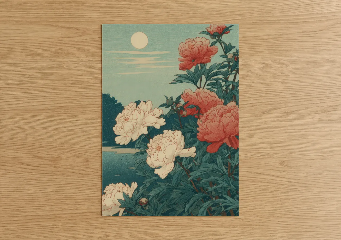 Peony art print on warm oak wood — blue and cream palette — Moonlit Peonies poster