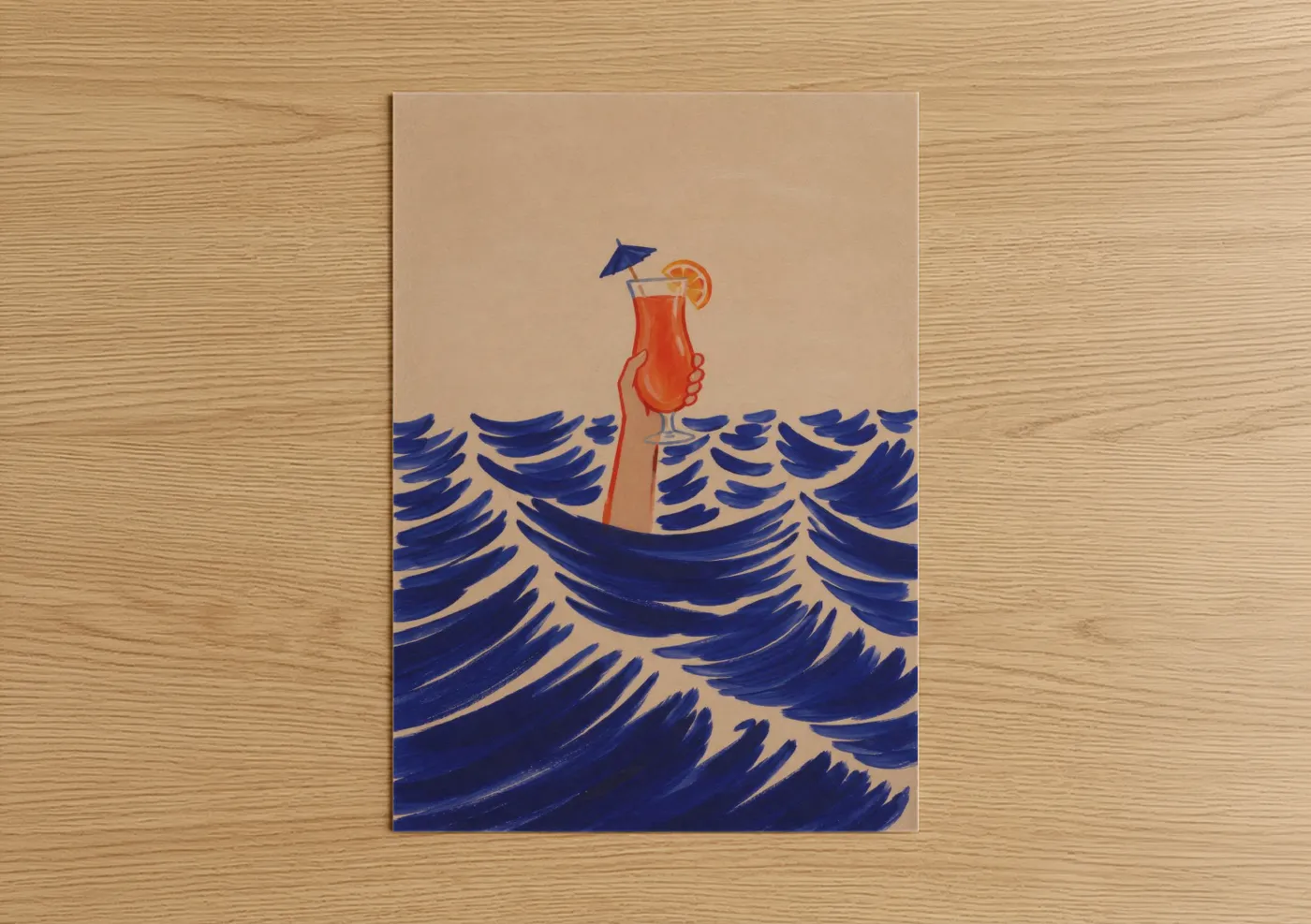 Art print on warm oak wood — blue and orange palette — Tropical Cocktail Ocean Waves Wall Art poster