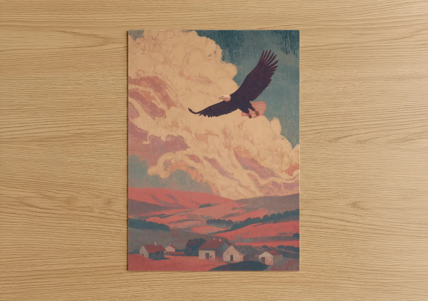 Labor day art print on warm oak wood — peach and teal palette — Eagle's Vigil poster