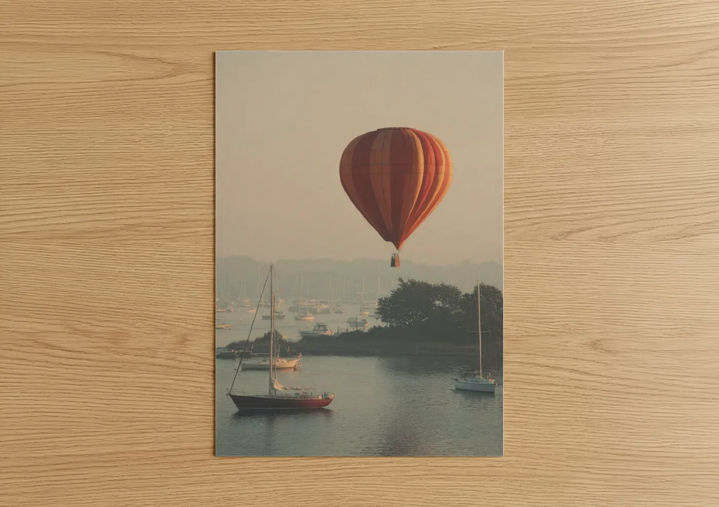 Hot air baloon art print on warm oak wood — peach and dove gray palette — Sunrise Balloon Harbor poster