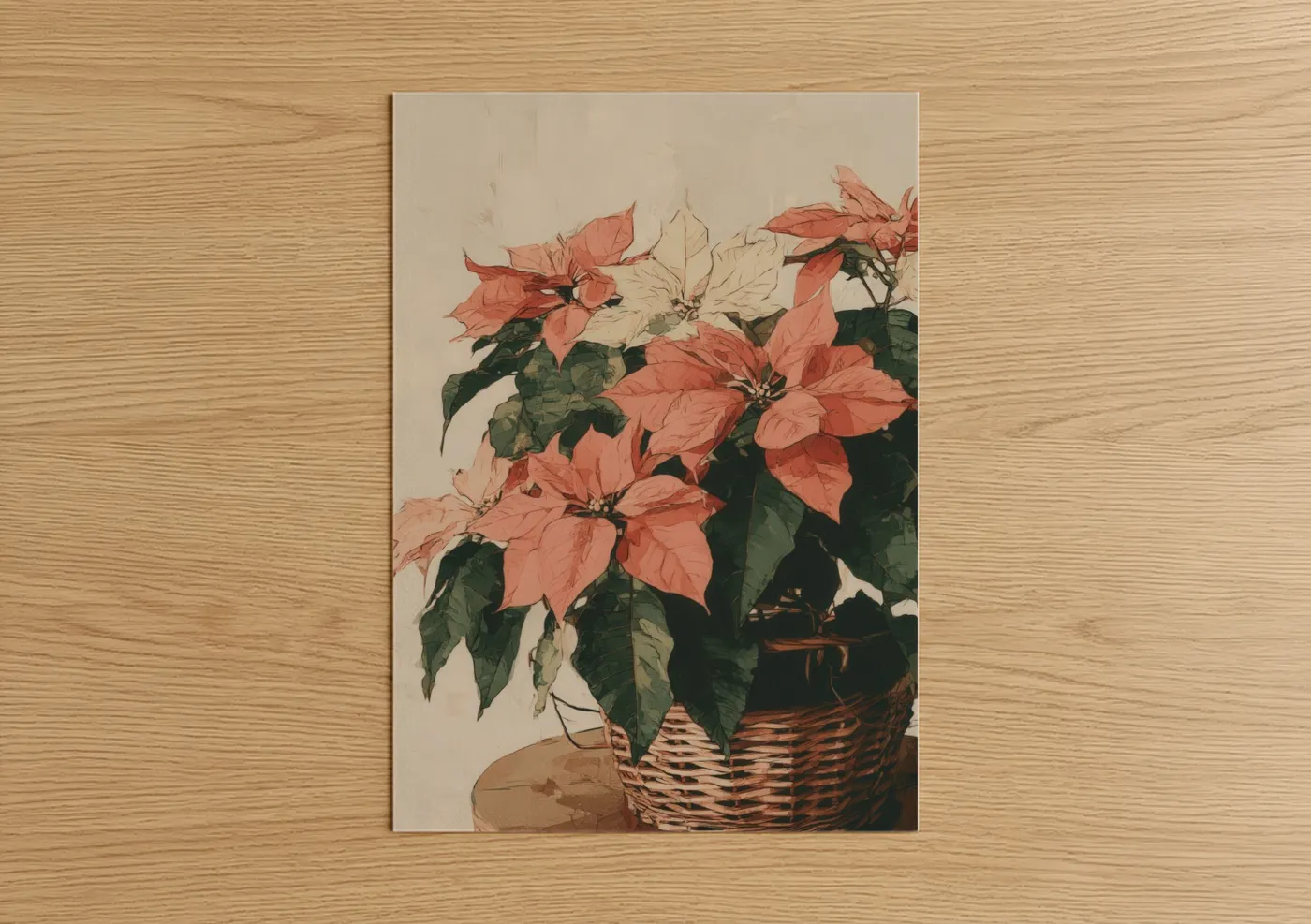 Coral Poinsettias Potted Plant Illustration Wall Art