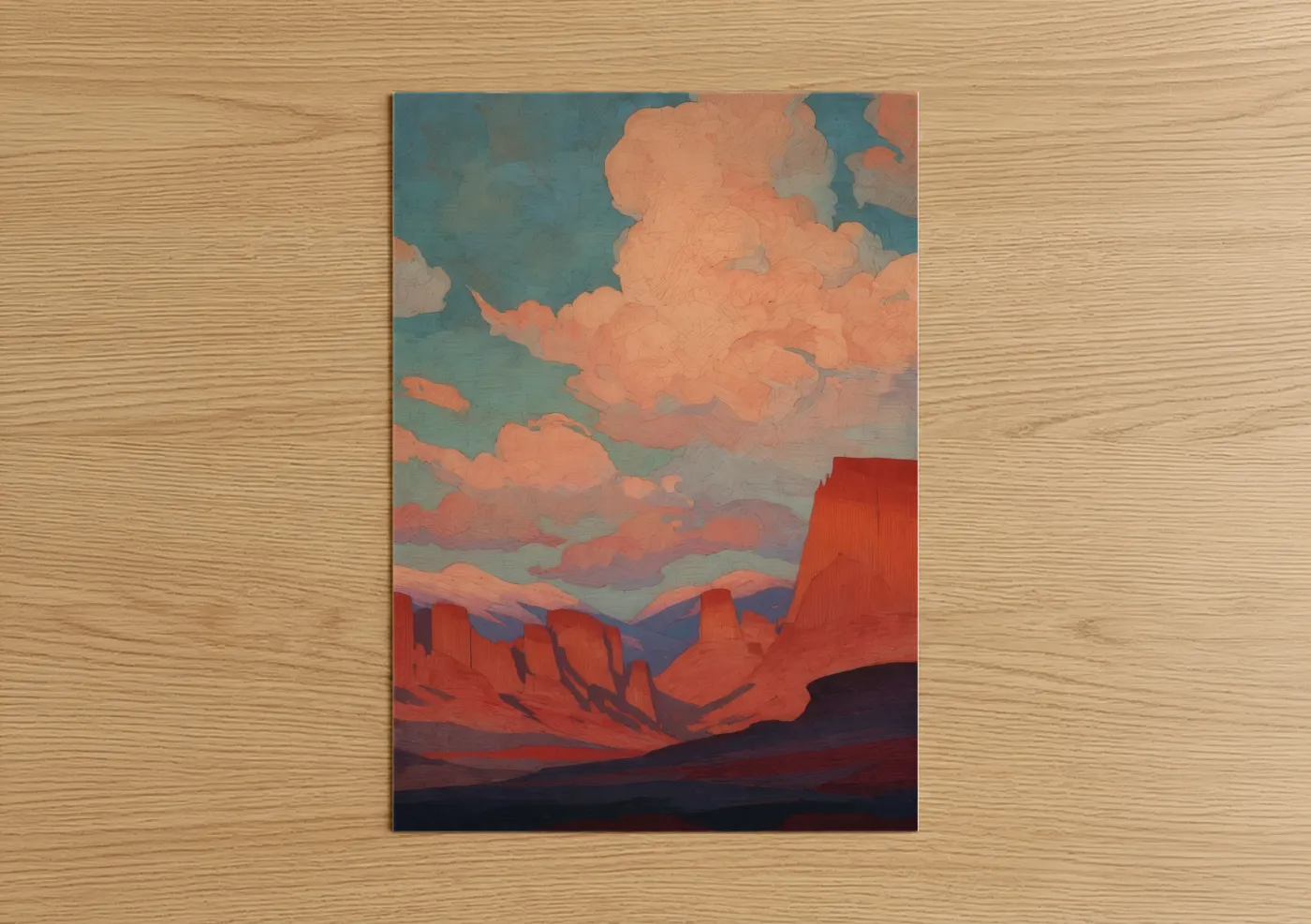 Dune art print on warm oak wood — peach and blue and gold palette — Desert Dusk poster