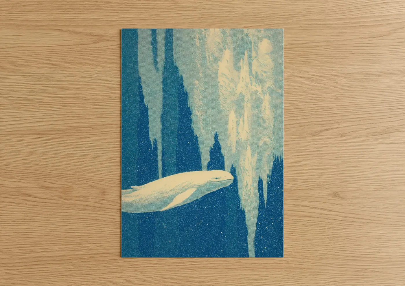Beluga whale art print on warm oak wood — blue and gold and cream palette — Arctic Beluga poster