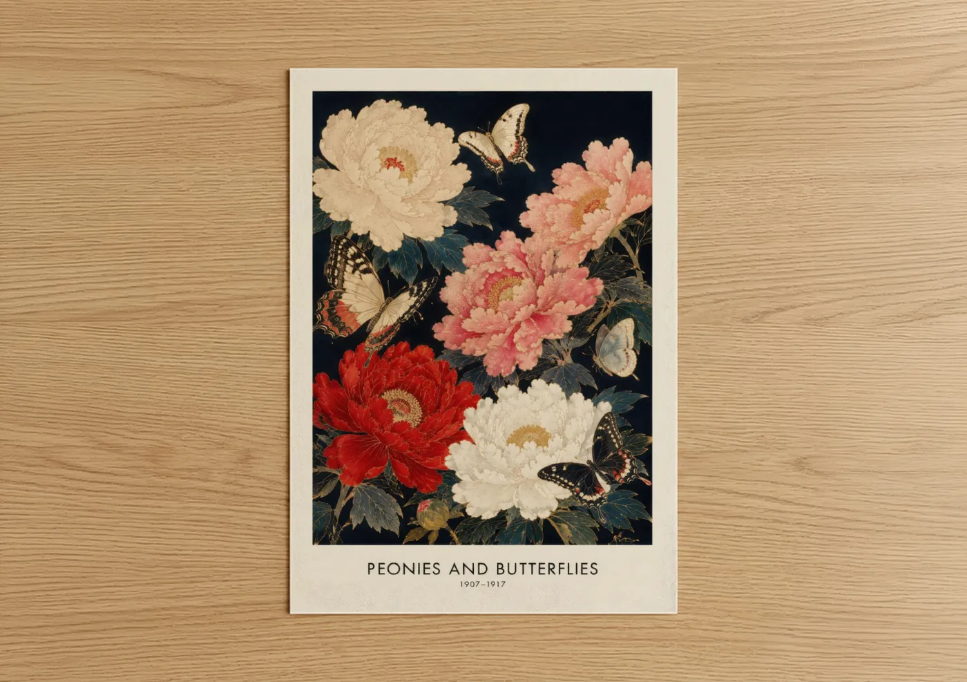 Peony art print on warm oak wood — red and pink palette — Peonies and Butterflies Wall Art poster