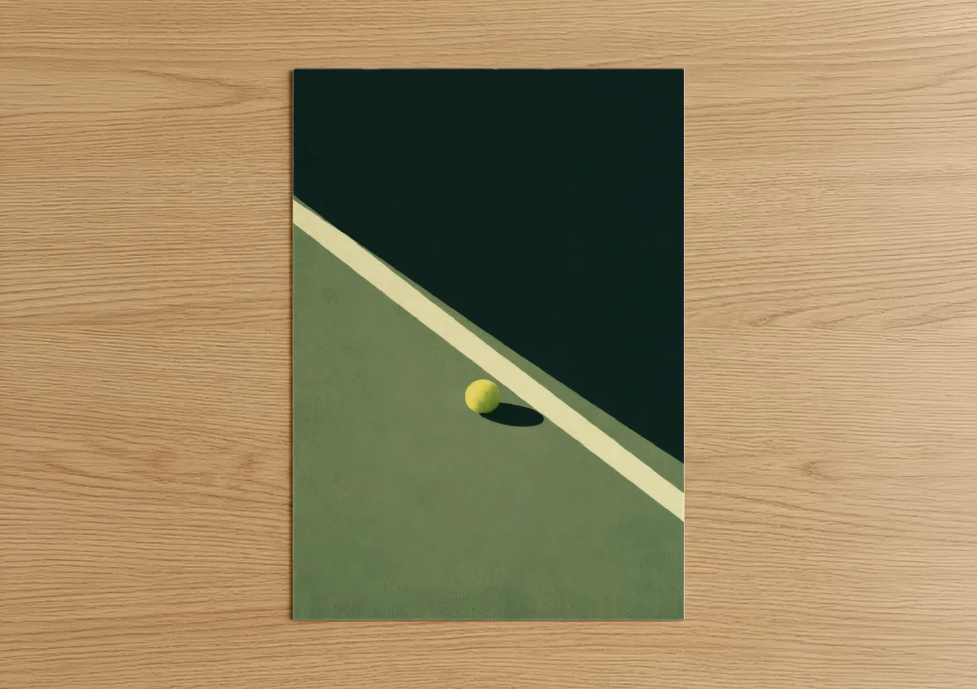 Tennis art print on warm oak wood — sage green and teal palette — Court Geometry poster