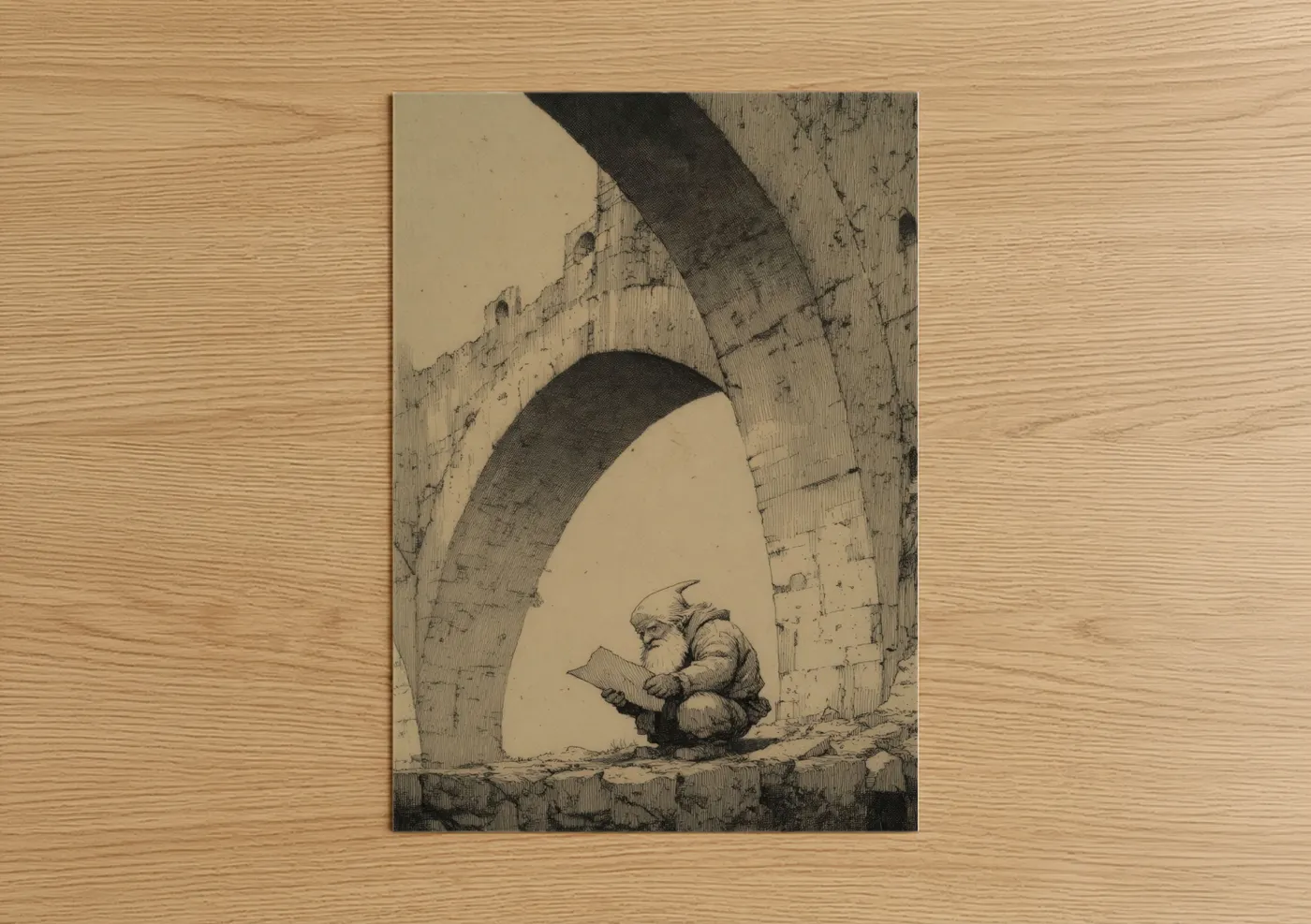 Dwarves art print on warm oak wood — black and white and cream palette — Dwarf Scholar poster