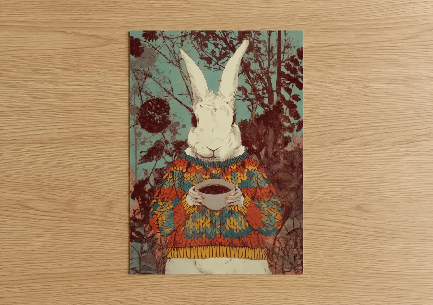 Art print on warm oak wood — teal palette — Cozy Rabbit Portrait poster