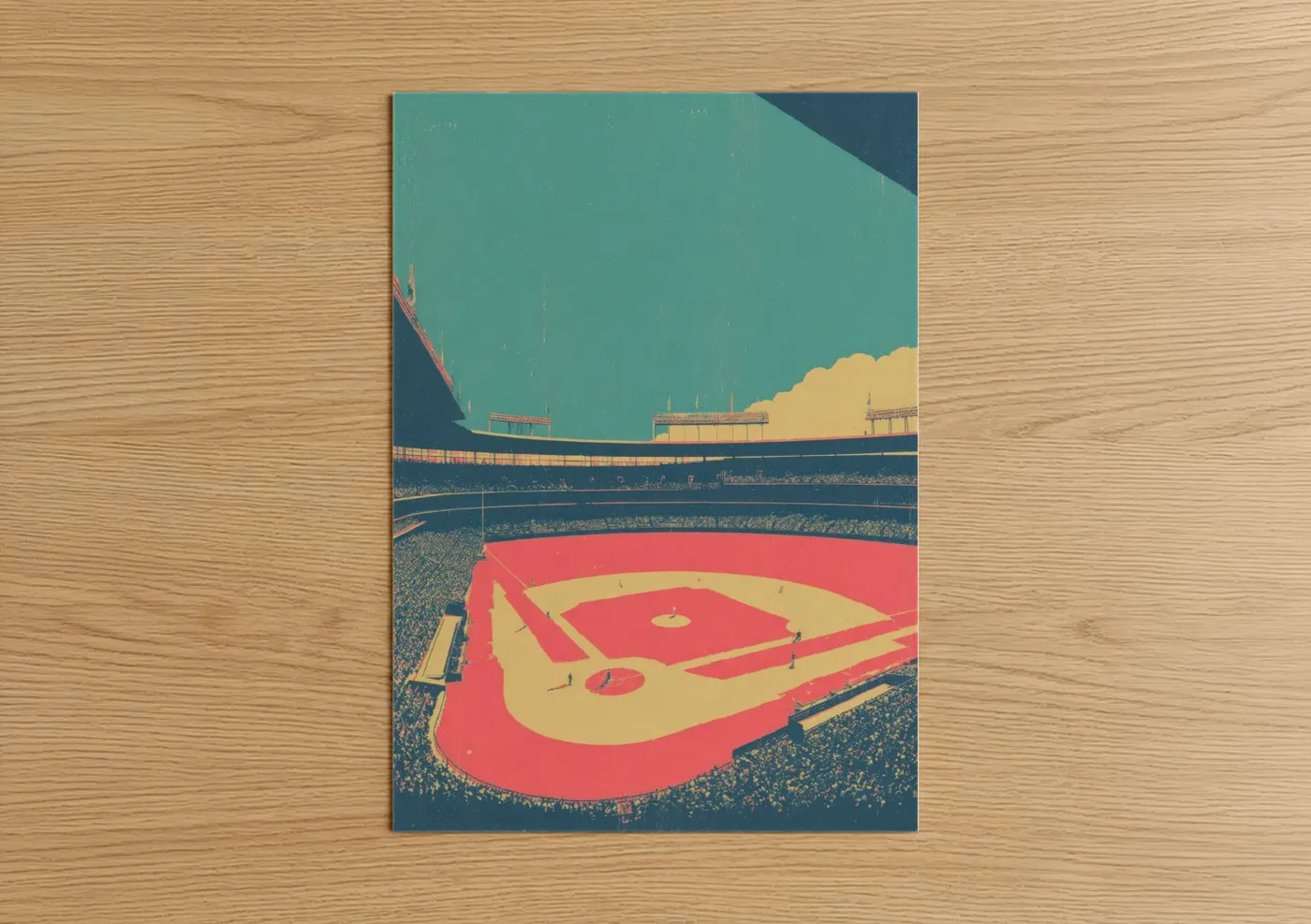 Stadiums and fields art print on warm oak wood — teal and gold palette — Golden Hour Stadium poster