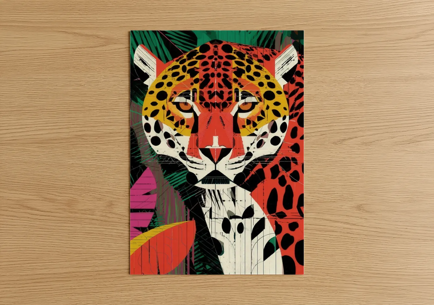 Art print on warm oak wood — magenta and gold palette — Neon Jaguar poster
