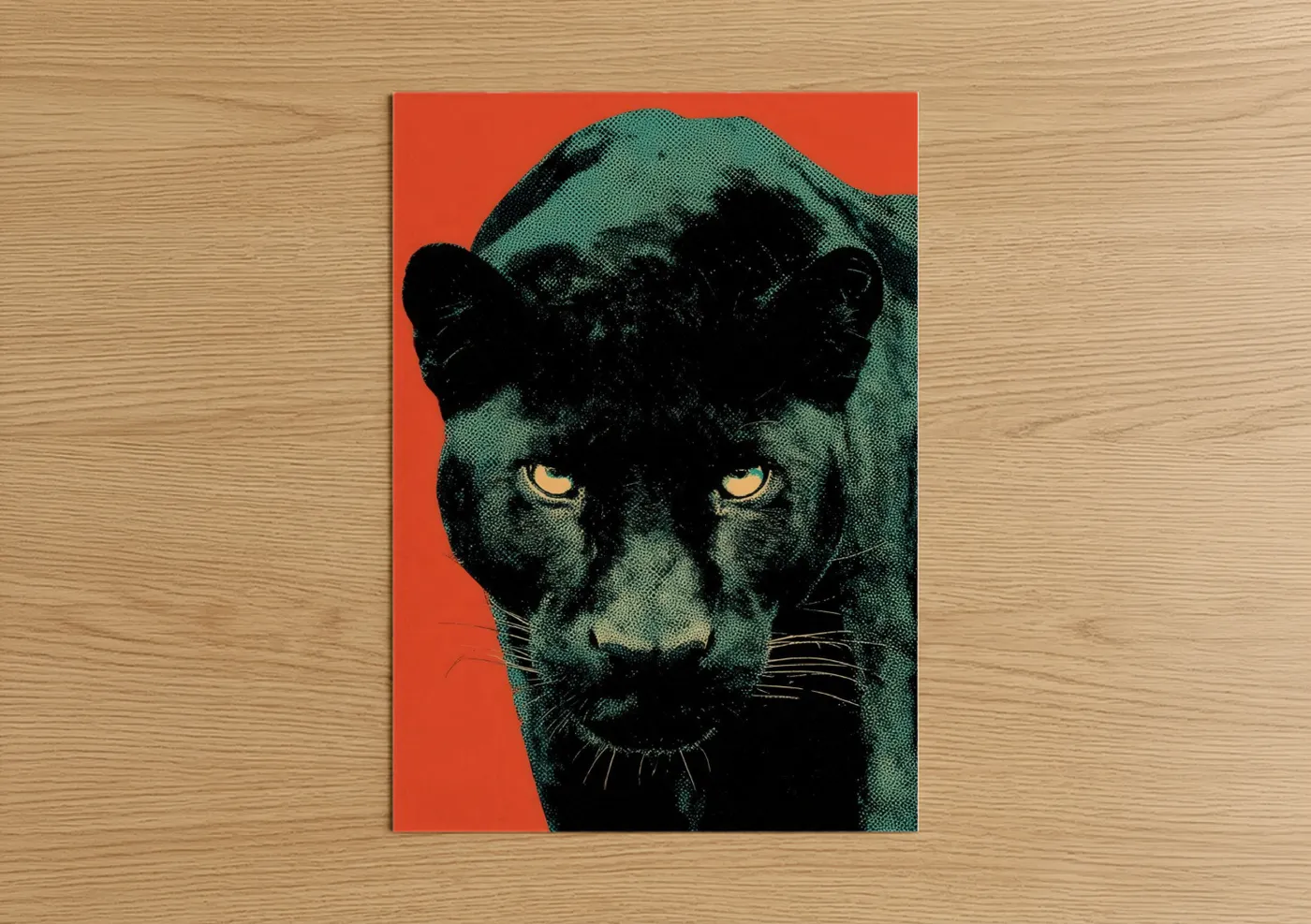 Art print on warm oak wood — orange and teal palette — Emerald Panther poster