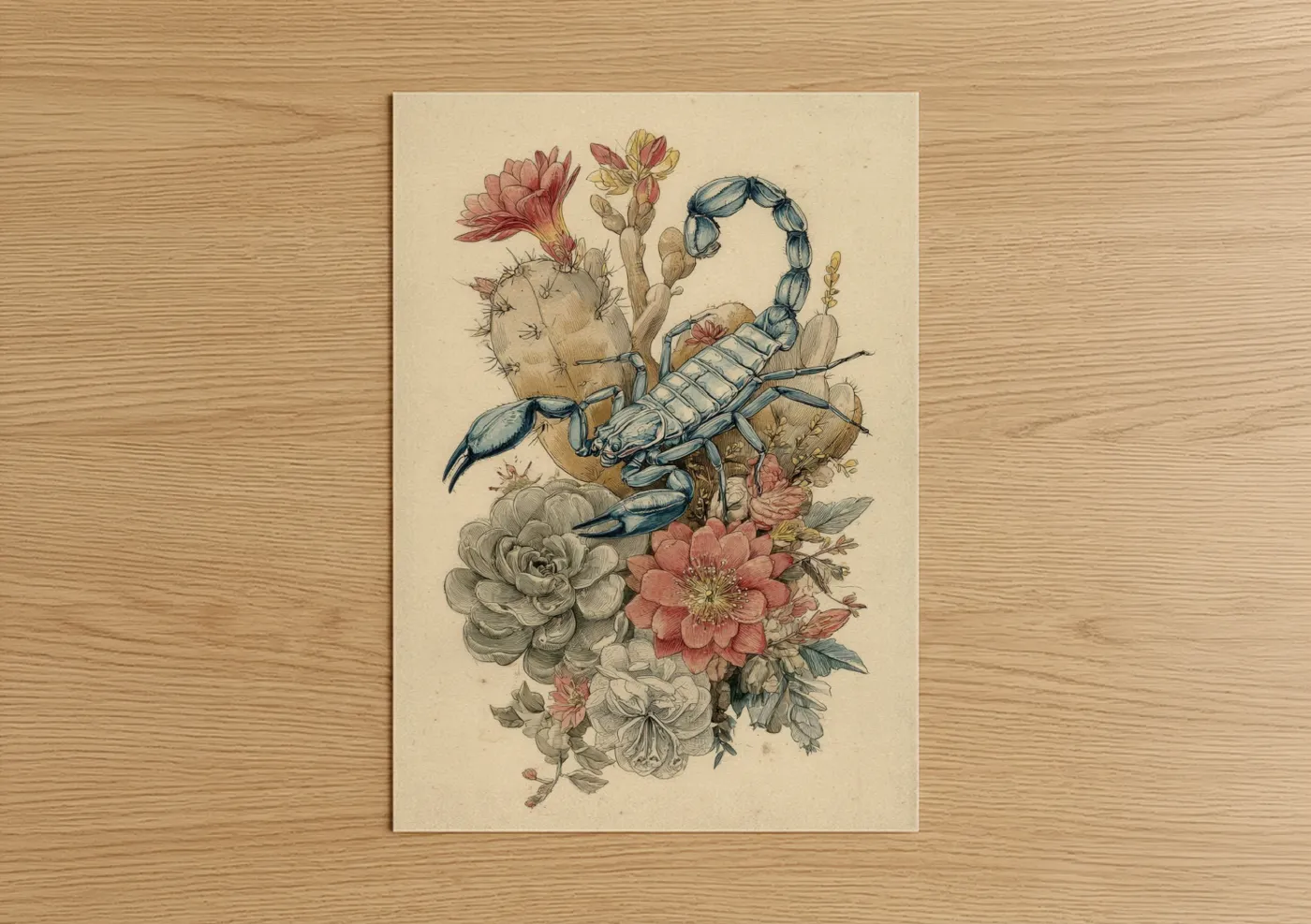 Scorpions art print on warm oak wood — cream and pink palette — Desert Scorpion Bloom poster
