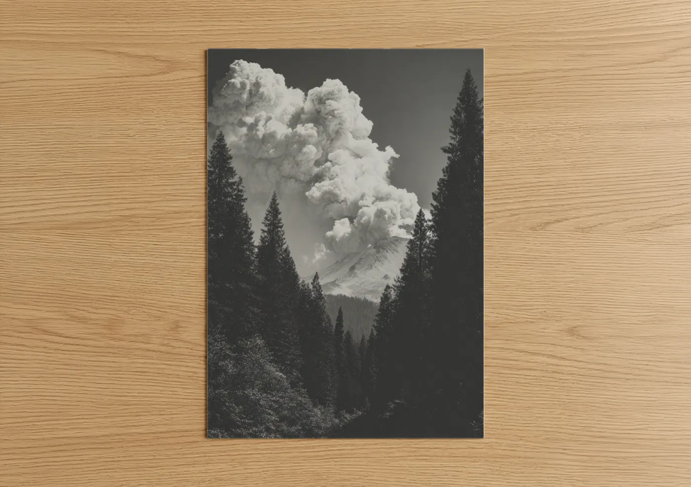 Art print on warm oak wood — black and white and gray palette — Smoking Volcano poster