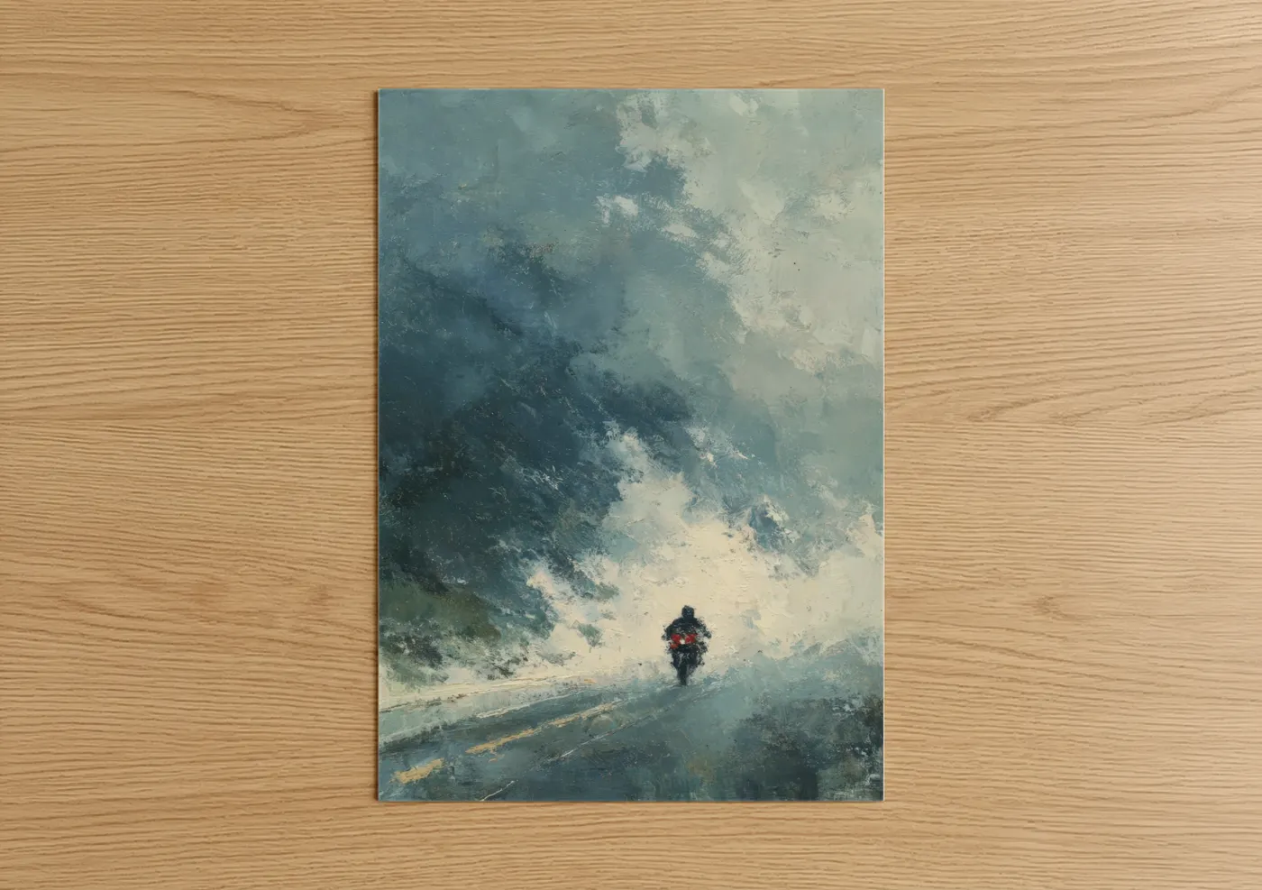 Vintage motorcycle art print on warm oak wood — blue and white and dove gray palette — Mountain Rider poster