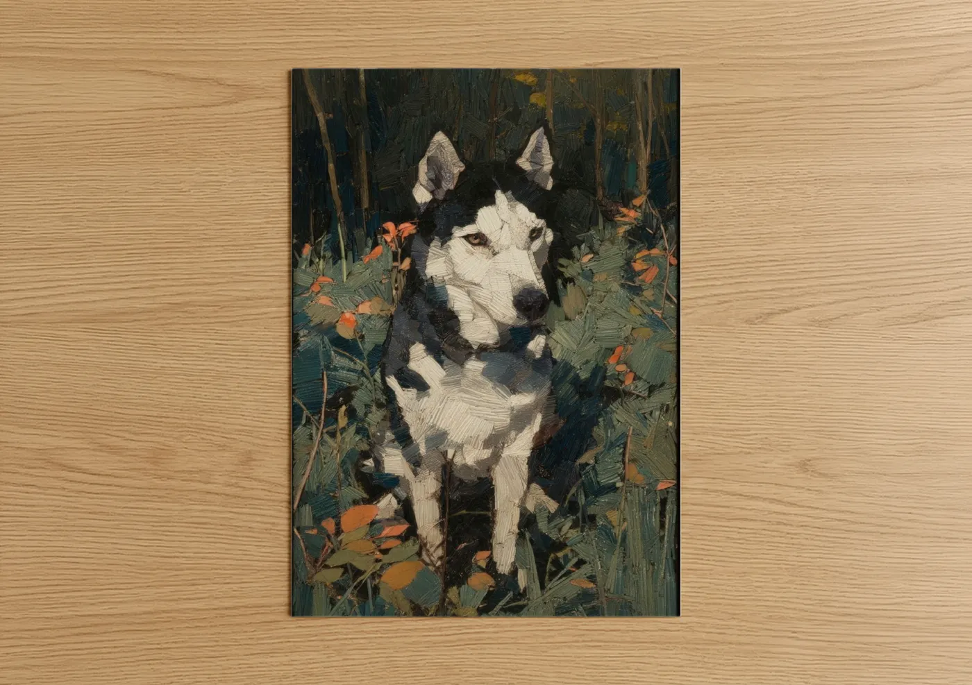 Art print on warm oak wood — black and white and olive palette — Garden Husky poster
