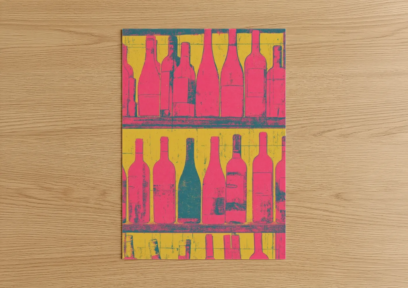 Wineries and cellars art print on warm oak wood — magenta and yellow gold palette — Neon Wine Collection poster