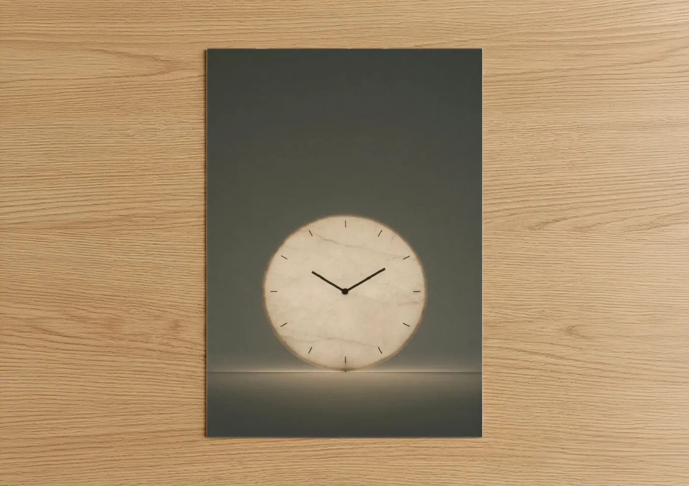 Art print on warm oak wood — cream and gray palette — Minimalist Wall Clock poster