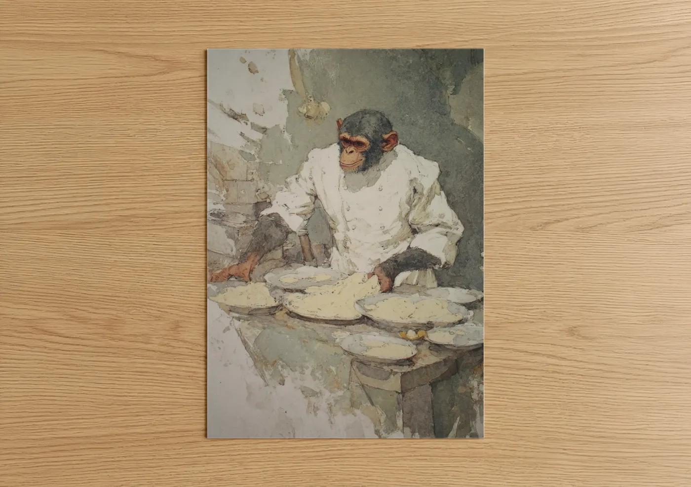 Art print on warm oak wood — cream and gray palette — Baker Monkey poster