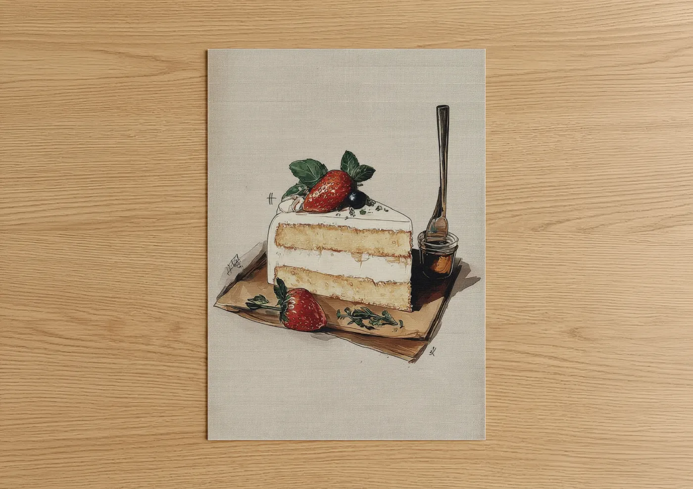 Strawberry Cake Slice Watercolor Wall Art