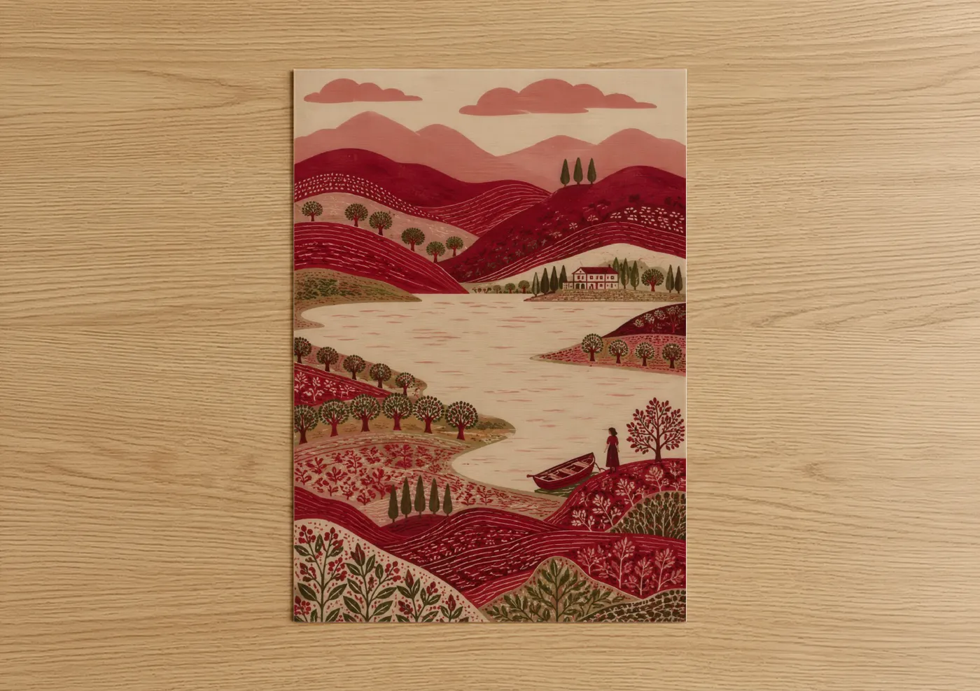 Rivers and lakes art print on warm oak wood — maroon and beige palette — Burgundy Landscape River Village Wall Art poster