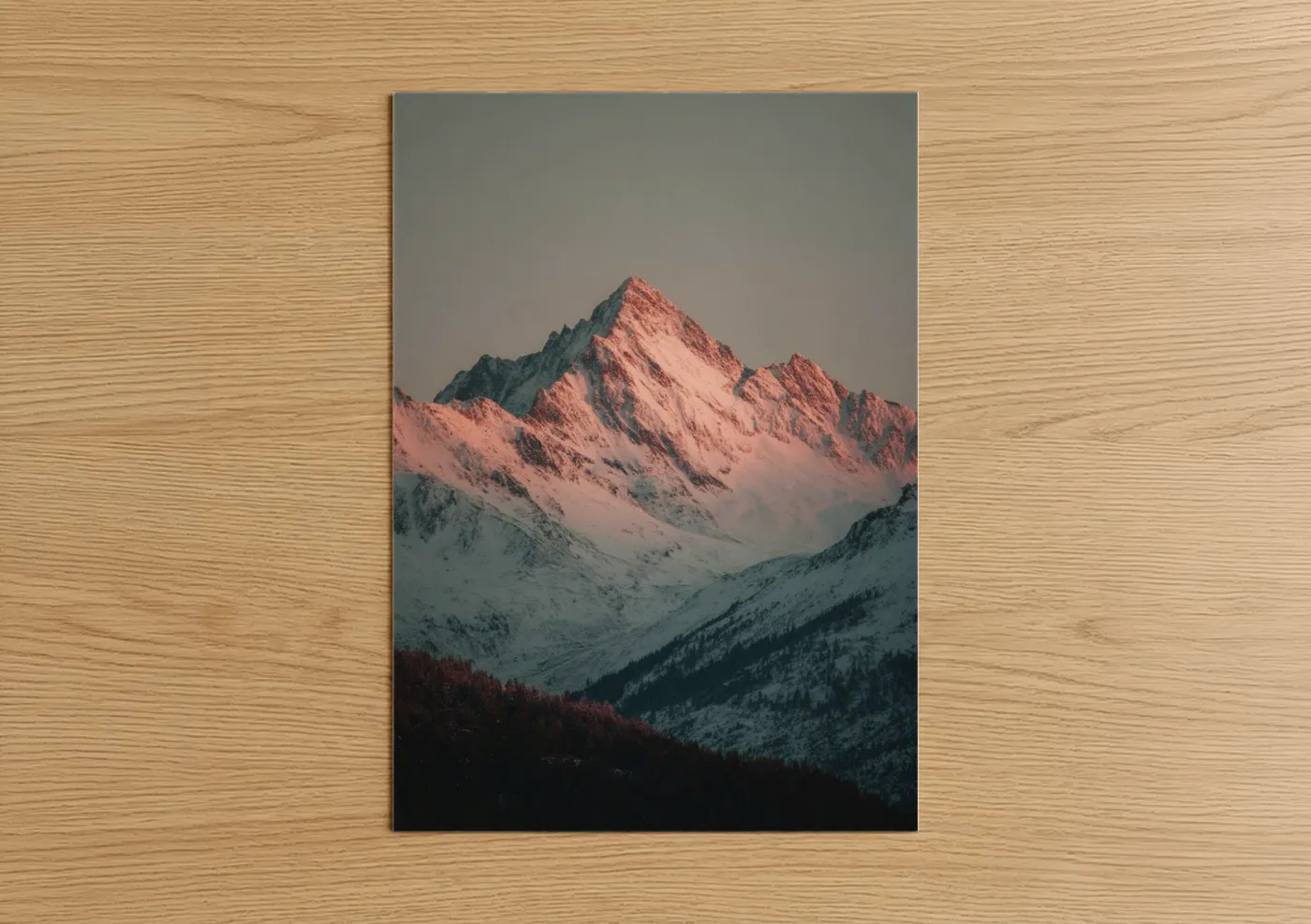 Art print on warm oak wood — rose gold and dove gray palette — Alpine Sunrise poster