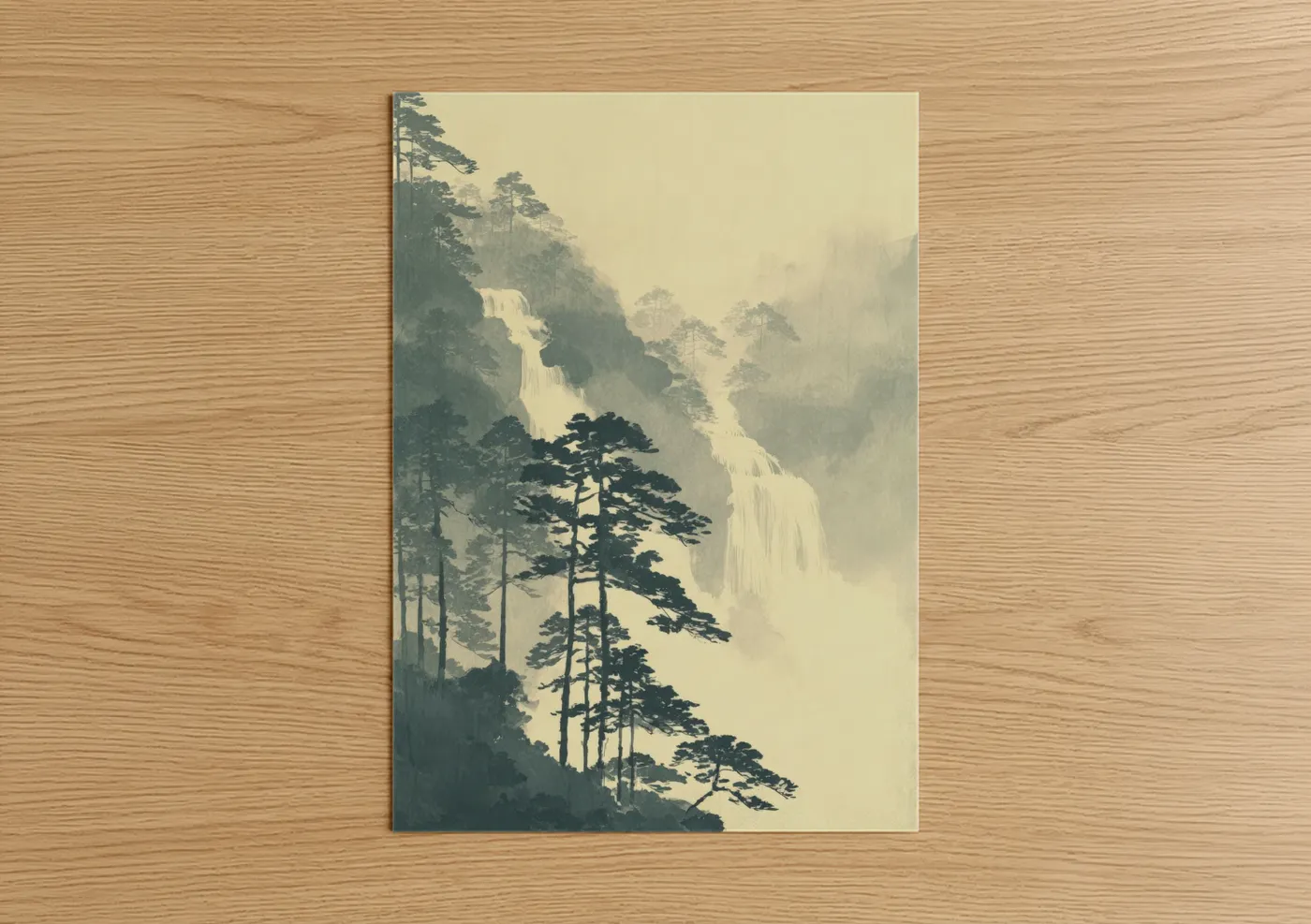 Misty Mountain Waterfall Japanese Wall Art