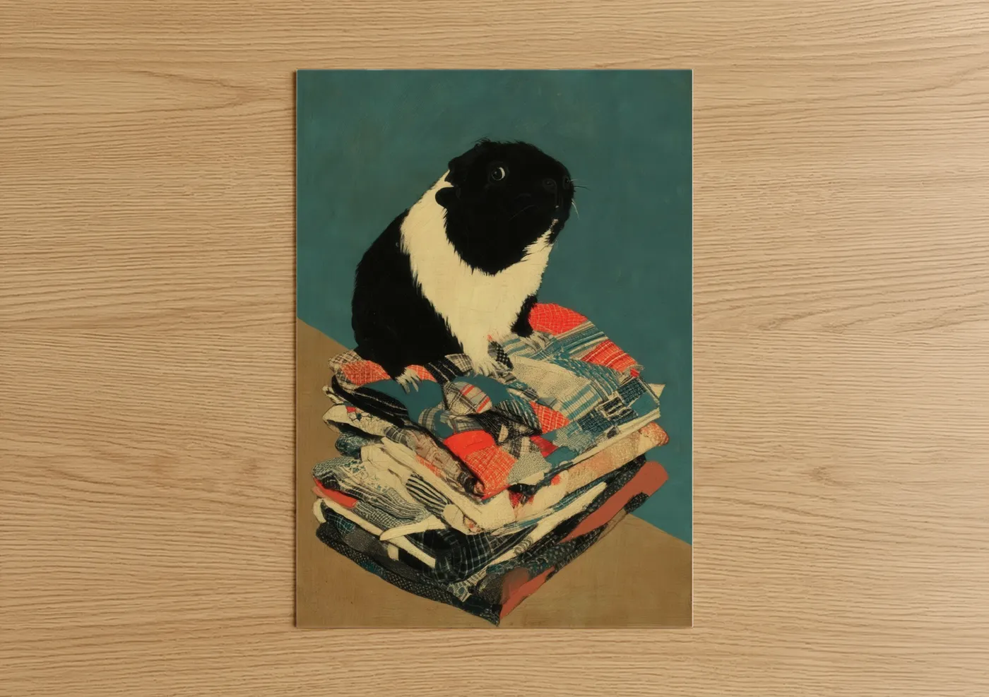 Art print on warm oak wood — teal and cream palette — Cozy Guinea Pig poster