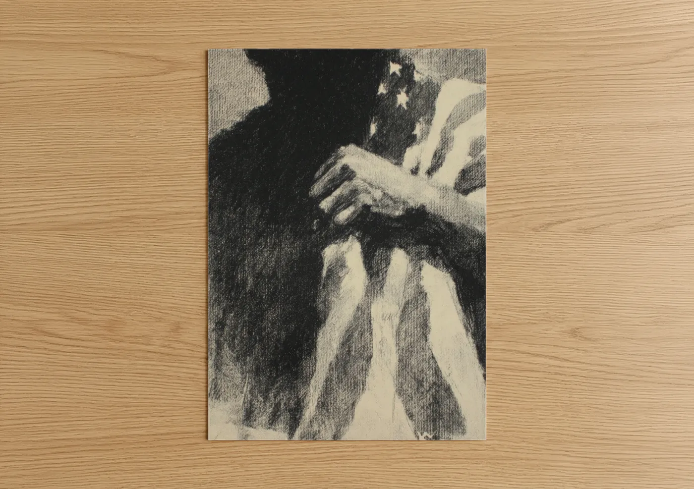 Veterans day art print on warm oak wood — black and white palette — Patriotic Hands poster