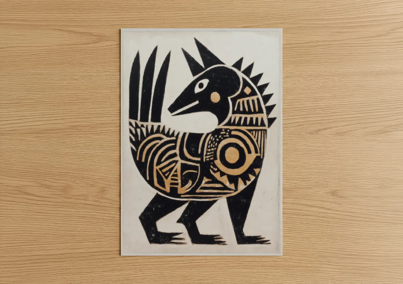 Abstract traditional art print on warm oak wood — black and gold and cream palette — Golden Dragon Bird poster