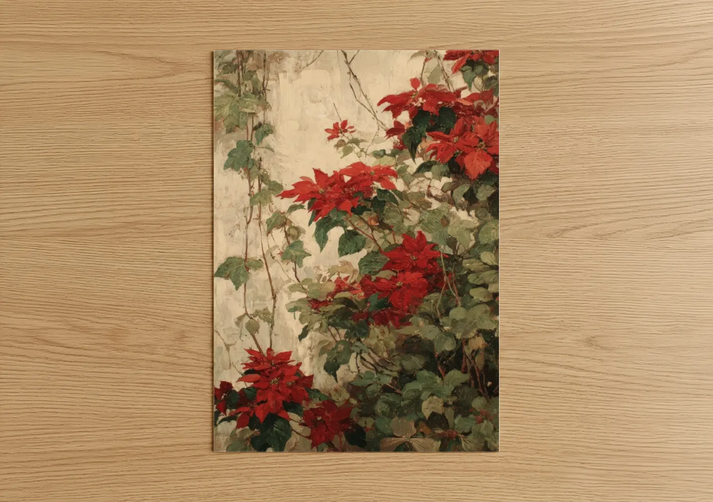 Art print on warm oak wood — red and cream palette — Crimson Poinsettias poster
