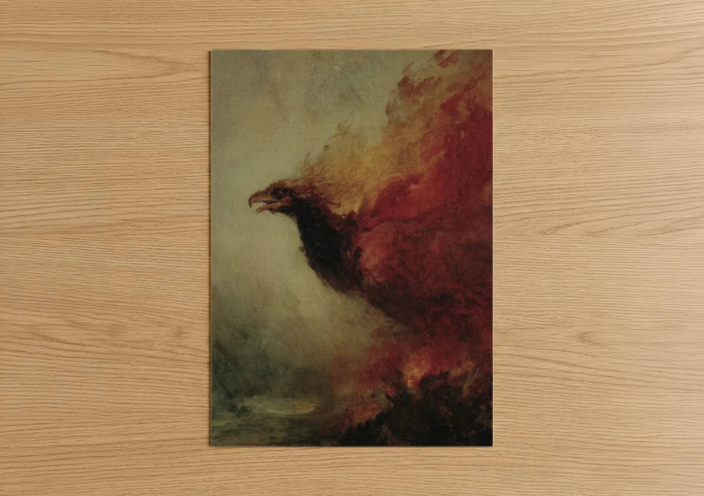 Art print on warm oak wood — russet and gold palette — Fiery Chimera poster