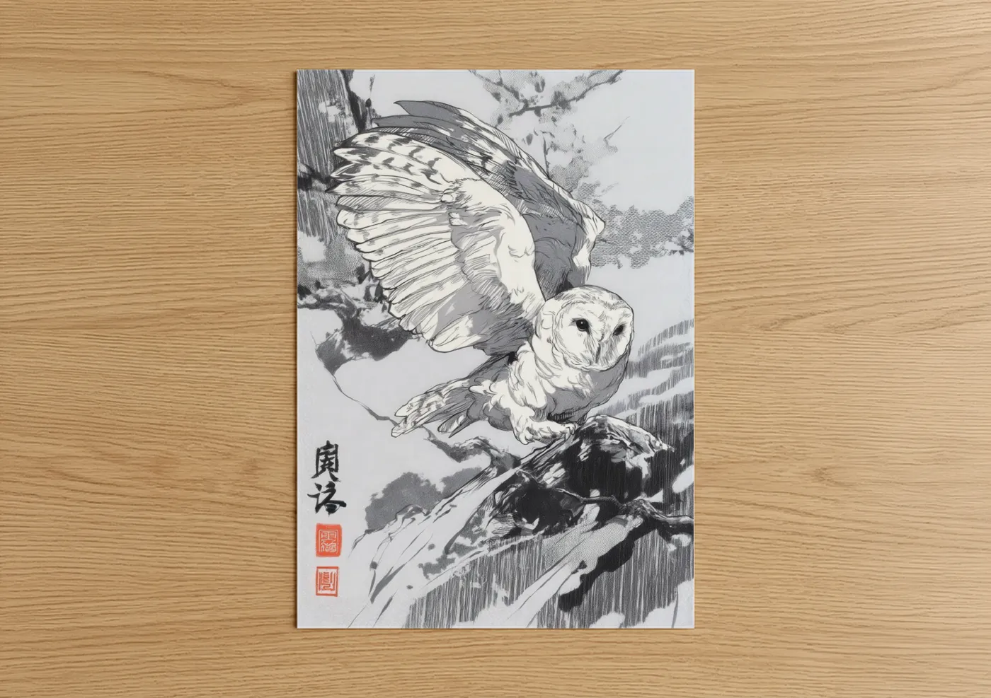Snowy Owl Flight Japanese Wall Art