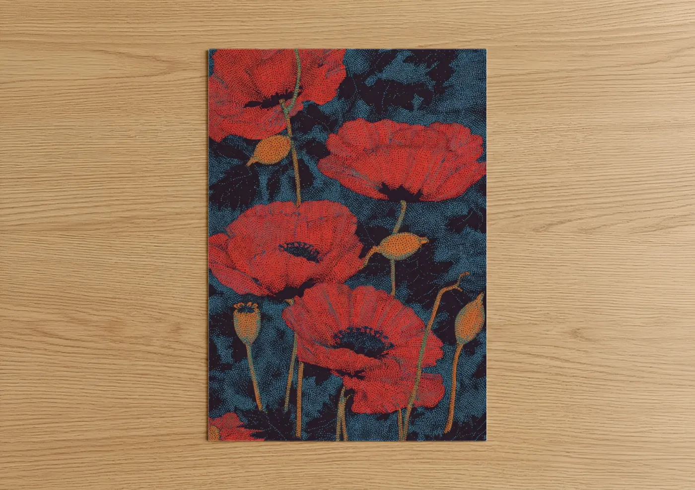 Art print on warm oak wood — red and dark blue palette — Crimson Poppies poster